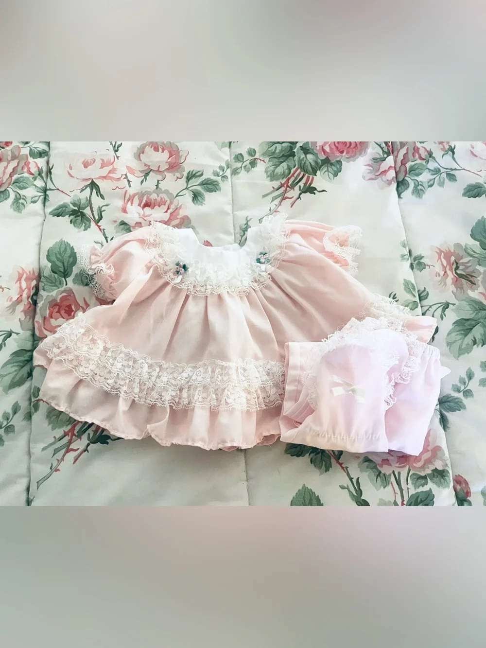 Vintage Alexis Baby Dress Pink Lace Ruffle 2 Piece Set Cotton Blend Preemie
